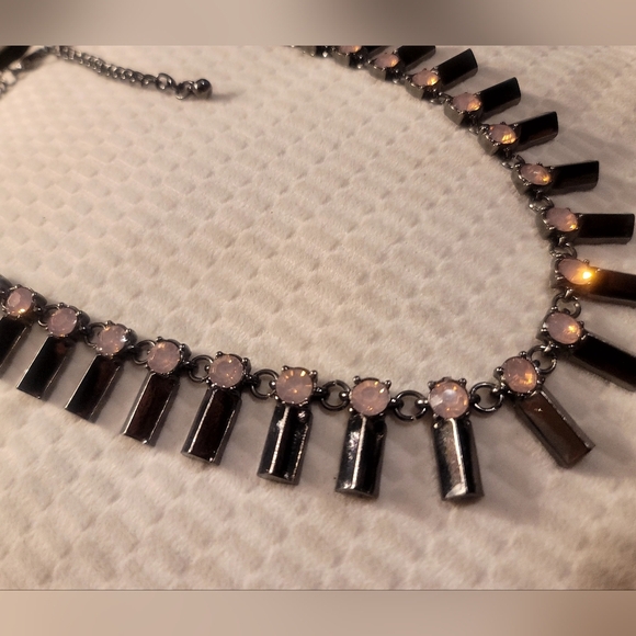 Peach Rhinestone Statement Necklace With Charcoal Metal Accents - Picture 3 of 7